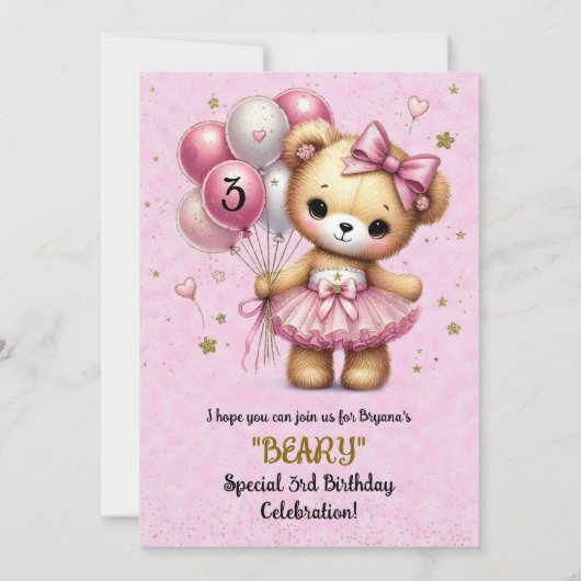 Roze Ballerina Beer Glitter Ballon Verjaardagsfees Kaart (Achterkant)