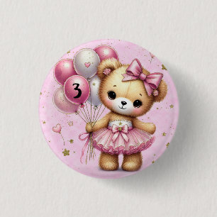 Roze Ballerina Beer Glitter Ballon Verjaardagsmeis Ronde Button 3,2 Cm