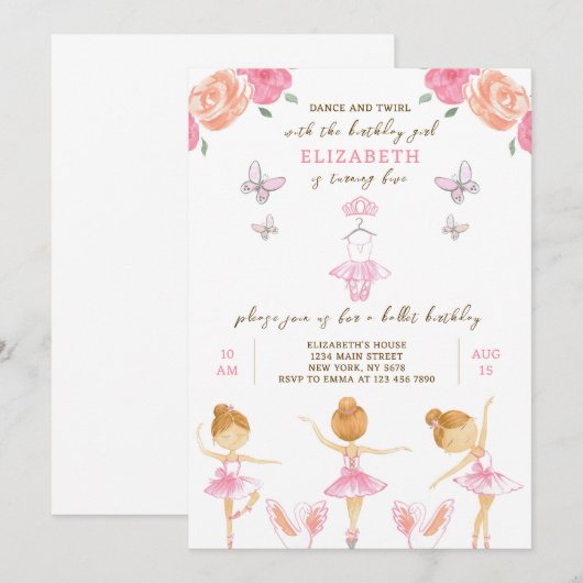 Roze Ballerina Birthday Uitnodiging (Voorkant / Achterkant)