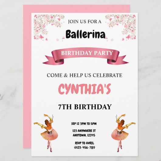 Roze Ballerina Birthday Uitnodiging (Voorkant / Achterkant)