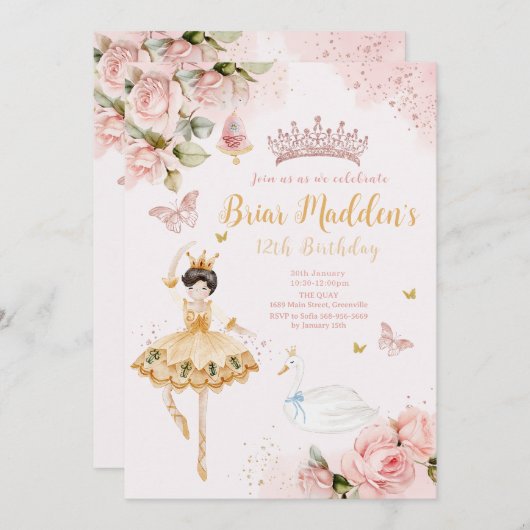 Roze Ballerina Bloemen Verjaardagsuitnodiging Kaart (Voorkant / Achterkant)