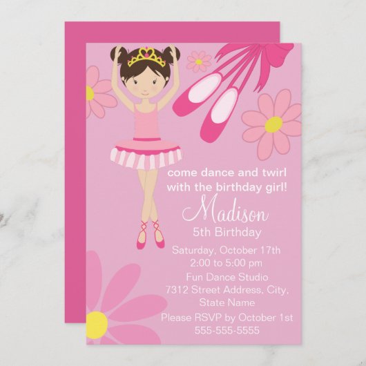 Roze Ballerina Dance Party Verjaardag Uitnodiging (Voorkant / Achterkant)