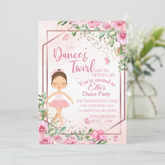 Roze Ballerina, Dans, Balletverjaardag uitnodiging (Staand voorkant)