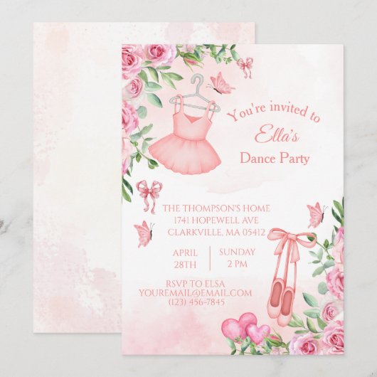 Roze Ballerina Dans Verjaardag Uitnodiging (Voorkant / Achterkant)