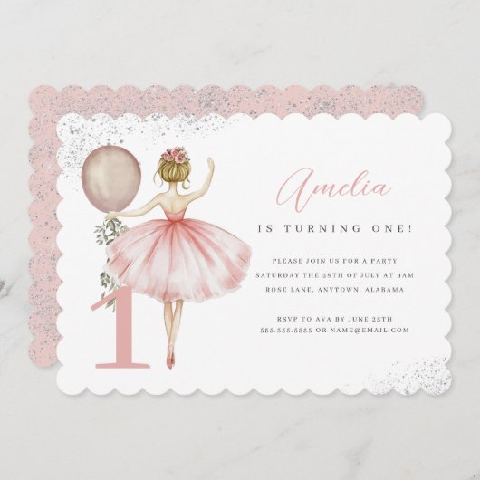 Roze Ballerina Eerste Verjaardag Uitnodiging (Voorkant / Achterkant)
