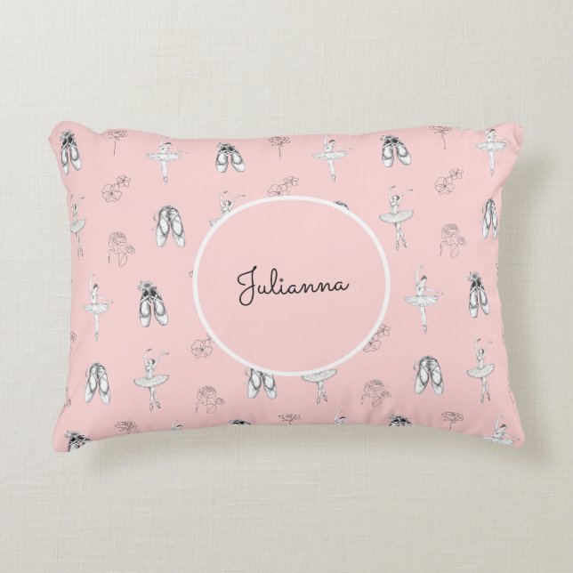 Roze Ballerina en Bloemen Accent Kussen (Voorkant)