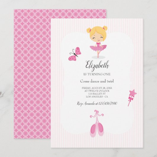 Roze Ballerina Feestje Kaart (Voorkant / Achterkant)