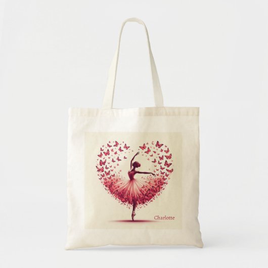 Roze Ballerina Hart Vlinders Aangepaste Naam Dans Tote Bag (Voorkant)