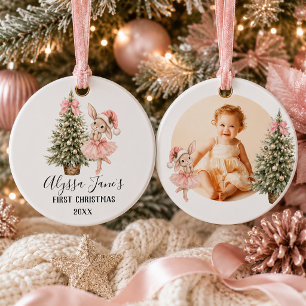 Roze Ballerina Konijn Meisje Eerste Kerst Foto Keramisch Ornament