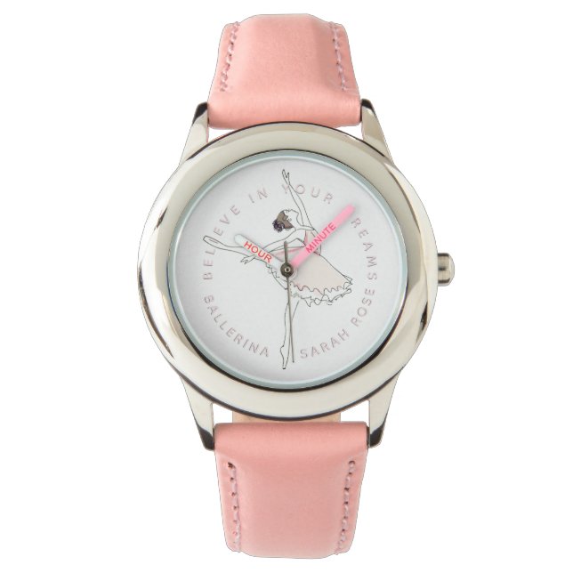Roze Ballerina Meisje Gepersonaliseerde Naam Drome Horloge (Voorkant)
