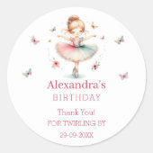 roze ballerina meisje verjaardag dank u ronde sticker (Voorkant)