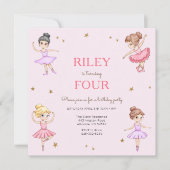 Roze Ballerina Meisjes Verjaardagsfeest Uitnodigin Kaart (Voorkant)
