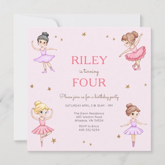 Roze Ballerina Meisjes Verjaardagsfeest Uitnodigin Kaart (Voorkant)