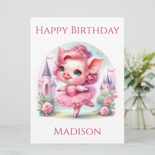 Roze Ballerina Pig Verjaardag Kaart (Staand voorkant)