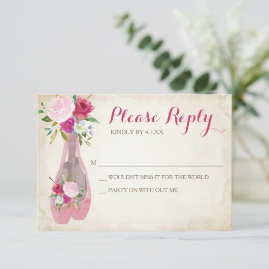 Roze Ballerina RSVP-kaart ~ Ballet Shoe RSVP Kaartje (Staand voorkant)