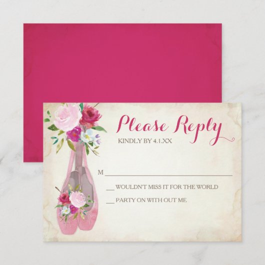 Roze Ballerina RSVP-kaart ~ Ballet Shoe RSVP Kaartje (Voorkant / Achterkant)