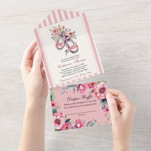  Roze Ballerina Schoenen Meisje Baby shower All In One Uitnodiging (Afscheurbaar)