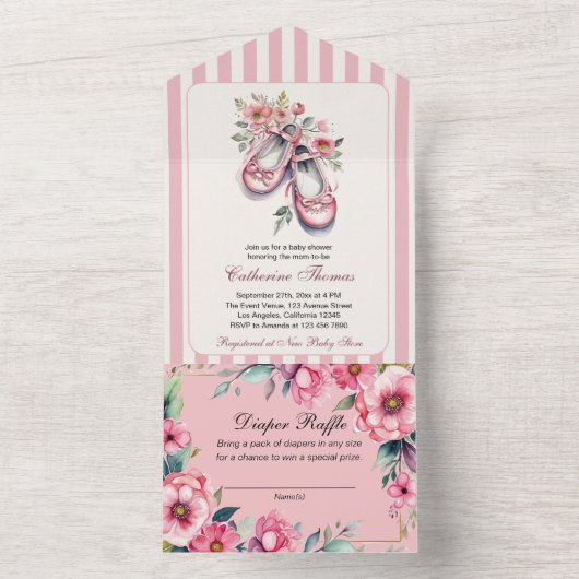  Roze Ballerina Schoenen Meisje Baby shower All In One Uitnodiging (Binnen)