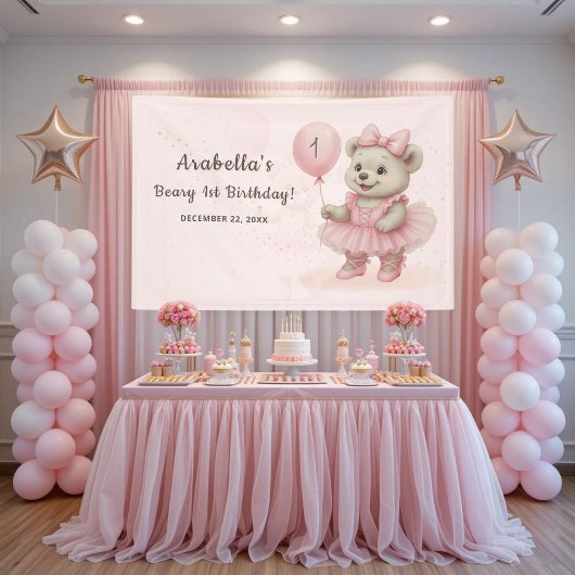 Roze Ballerina Teddy Bear Verjaardagsbanner Spandoek