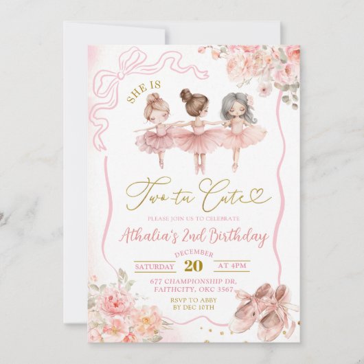 Roze Ballerina Tutu Schattige 2e verjaardag Uitnod Kaart (Voorkant)