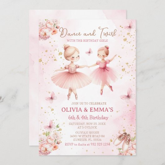 Roze Ballerina TuTu Zuster Zusje Partij Kaart (Voorkant / Achterkant)