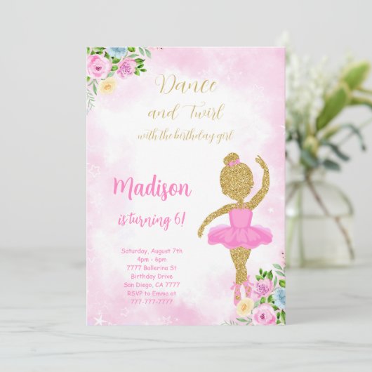 Roze Ballerina Uitnodiging (Staand voorkant)