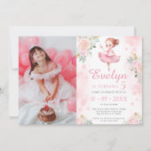 Roze ballerina verjaardag meisje foto uitnodiging (Voorkant)