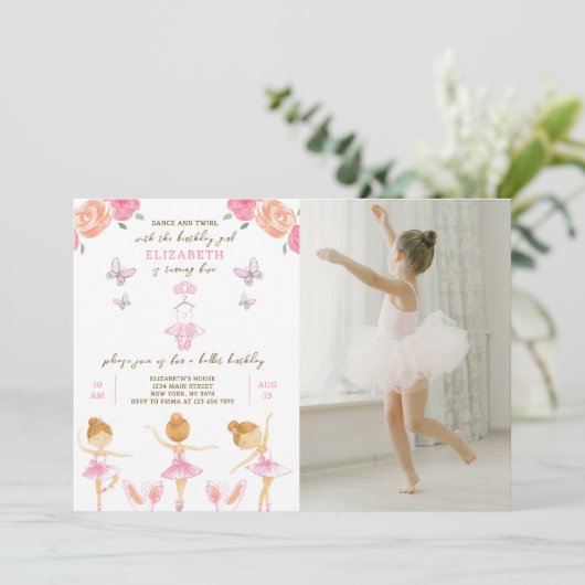 Roze Ballerina Verjaardag Uitnodiging met foto (Staand voorkant)