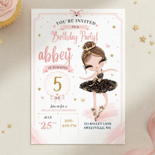 Roze Ballerina Verjaardagsuitnodiging Zwart Goud Kaart