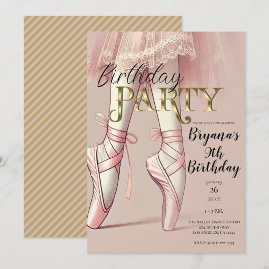 Roze Ballerina wijst op verjaardagsfeestje met ten Kaart (Voorkant / Achterkant)