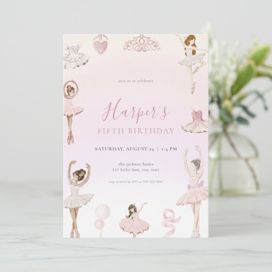 Roze Ballet Ballerina Verjaardagsfeest Uitnodiging (Staand voorkant)