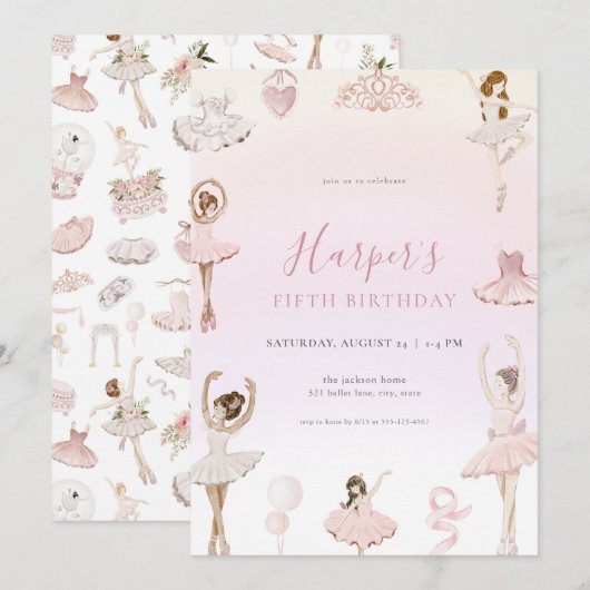 Roze Ballet Ballerina Verjaardagsfeest Uitnodiging (Voorkant / Achterkant)