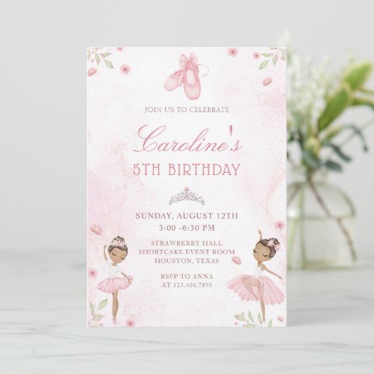 Roze Balletdanser Ballerina Verjaardag Uitnodiging (Staand voorkant)