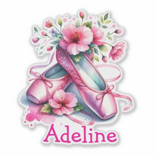  roze balletschoenen en bloemen gepersonaliseerd sticker (Voorkant)