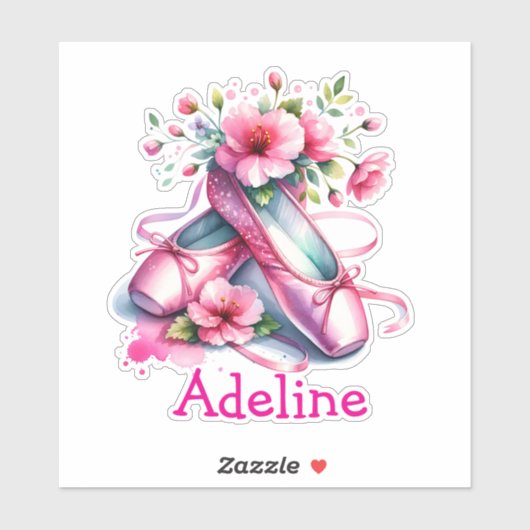  roze balletschoenen en bloemen gepersonaliseerd sticker (Vel)