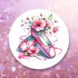  roze balletschoenen en bloemen ronde sticker