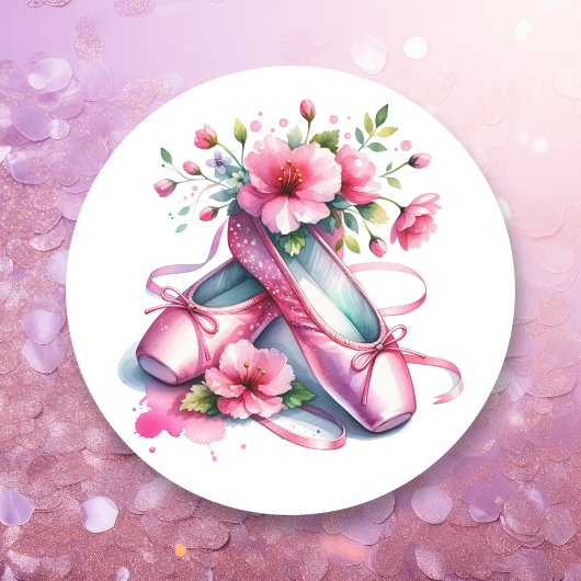 roze balletschoenen en bloemen ronde sticker