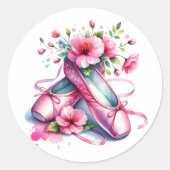 roze balletschoenen en bloemen ronde sticker (Voorkant)