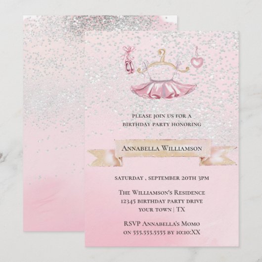 Roze balletschoenen met glitter en Tutu Birthday P Kaart (Voorkant / Achterkant)