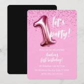 Roze Ballon 1e Verjaardagsfeestuitnodiging Kaart (Voorkant / Achterkant)