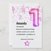 Roze Ballon 1e Verjaardagsfeestuitnodiging Kaart (Voorkant)