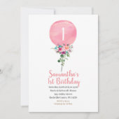 Roze ballon 1st Birthday Uitnodiging (Voorkant)