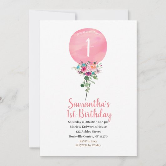 Roze ballon 1st Birthday Uitnodiging (Voorkant)