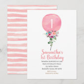 Roze ballon 1st Birthday Uitnodiging (Voorkant / Achterkant)
