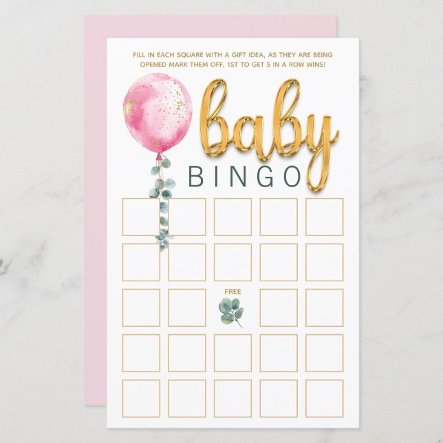 Roze Ballon Baby shower Bingo Game Kaart (Voorkant / Achterkant)