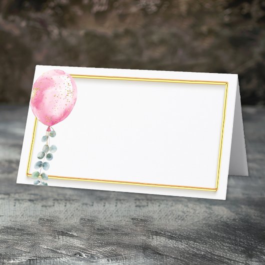 Roze Ballon Baby shower Place Card | Goud Lijst Plaatskaartje
