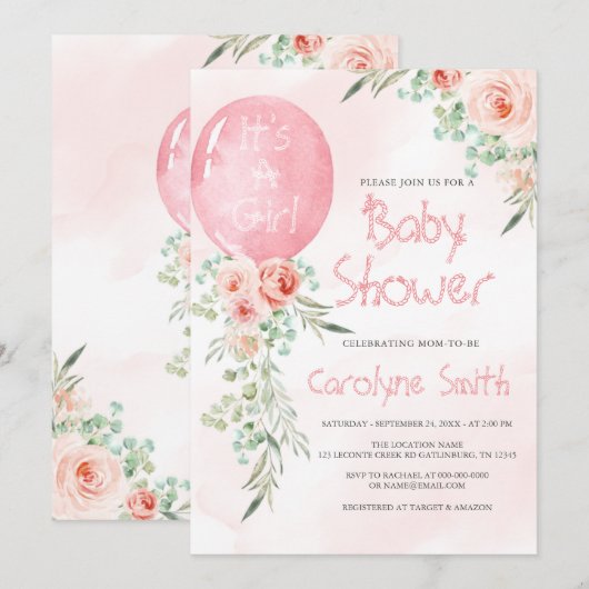 Roze ballon Baby shower Uitnodiging (Voorkant / Achterkant)