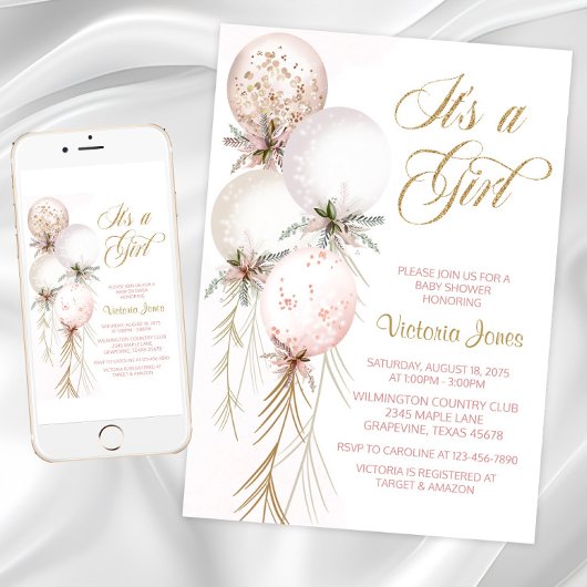 Roze Ballon Baby Shower Uitnodiging