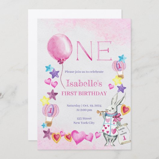 Roze Ballon Baby Verjaardag Waterverf Uitnodiging (Voorkant / Achterkant)