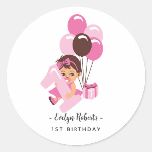 Roze ballon babymeisje eerste verjaardag ronde sticker